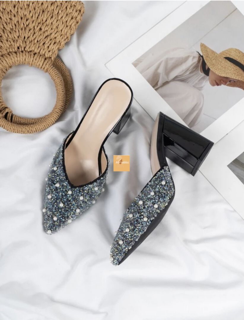 Fabbz Sequin & Faux Pearl Chunky Heeled