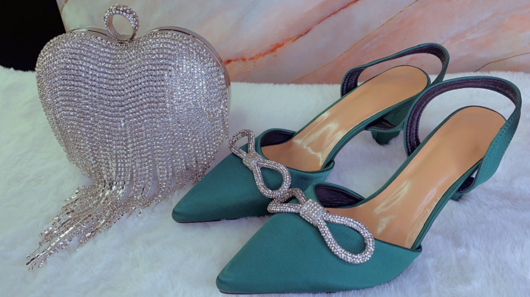 Fabbz Shoes and Purse Green & Silver